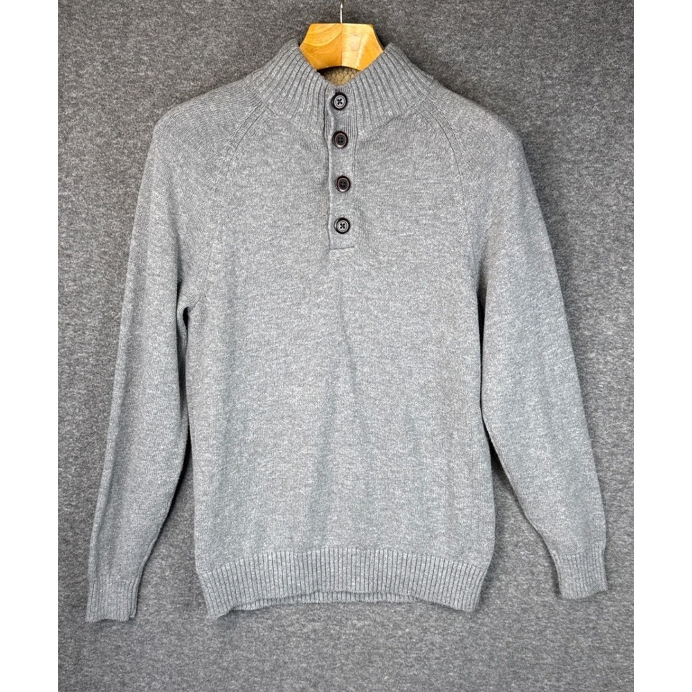 GH Bass Gray Mock Neck Sherpa Lined Collar Sweater‎ Mens Size Medium Cotton Warm